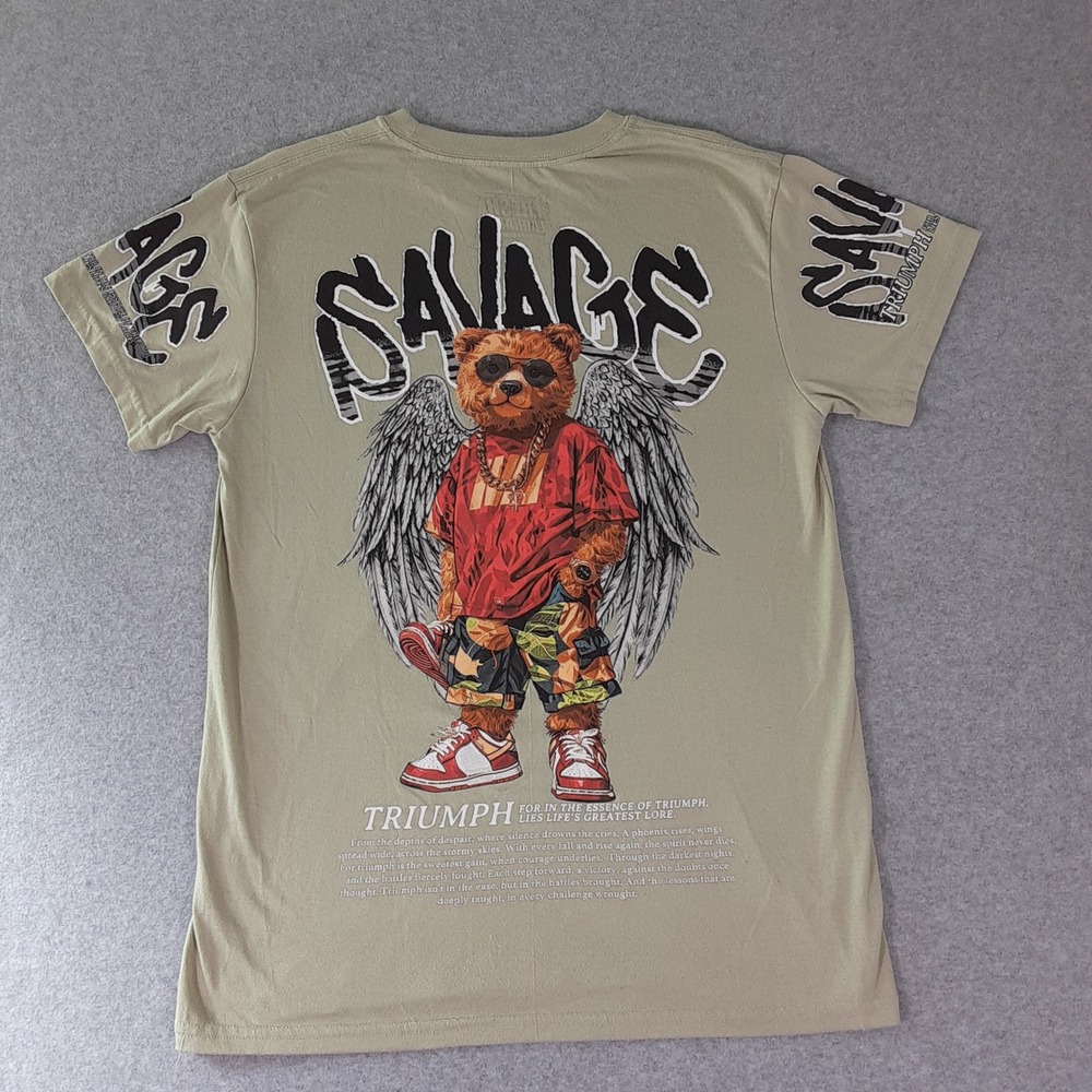 Fresh Laundry Savage Bear Graphic Tee Khaki Green Short Sleeve Streetwear Mens M